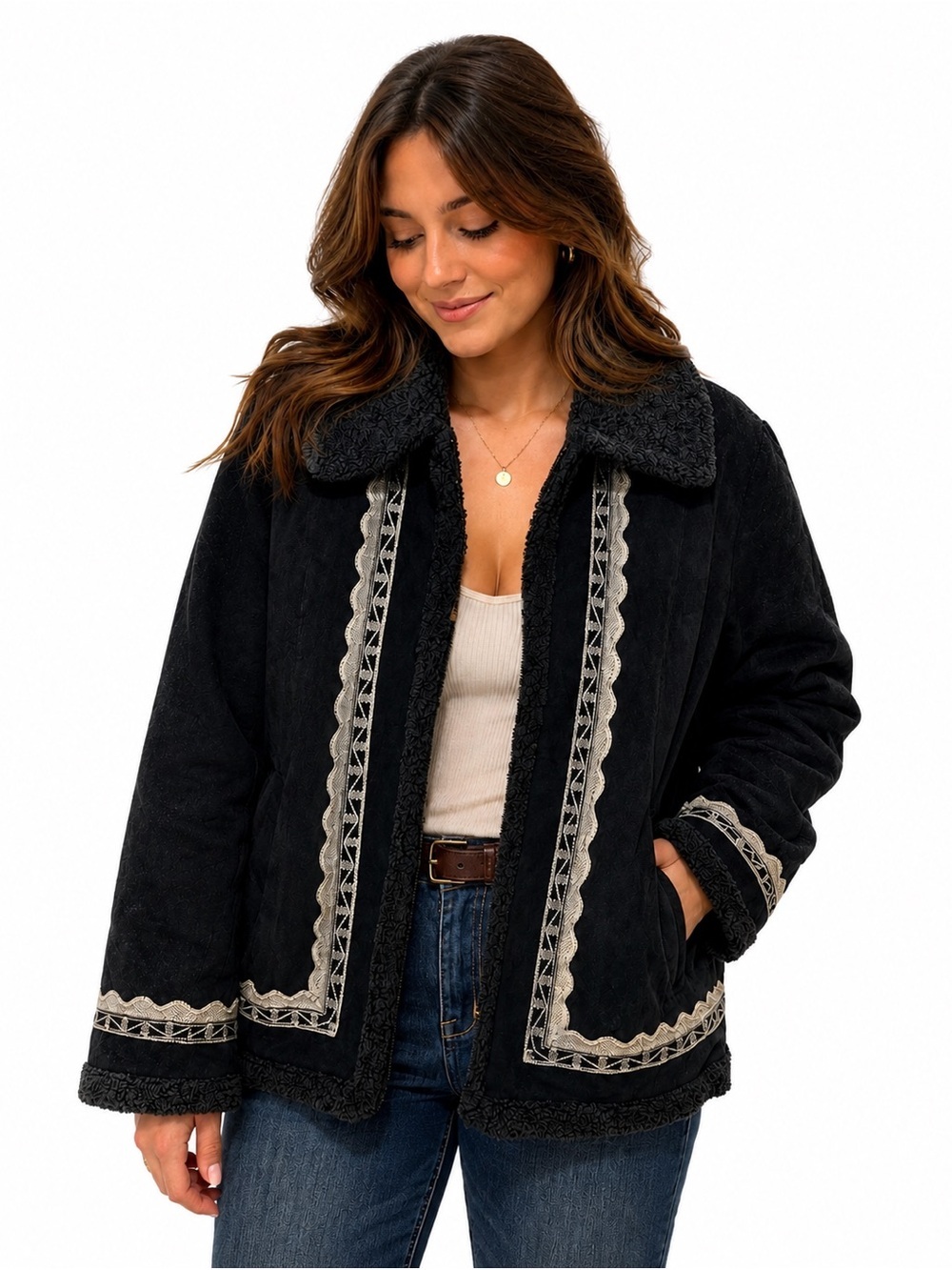 White Stag Black Embroidered Teddy Jacket
